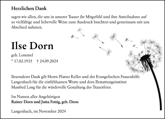 Traueranzeige von Ilse Dorn von Weilburger Tageblatt