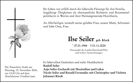 Traueranzeige von Ilse Seiler von Wormser Zeitung
