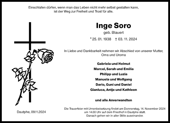 Traueranzeige von Inge Soro von Hinterländer Anzeiger