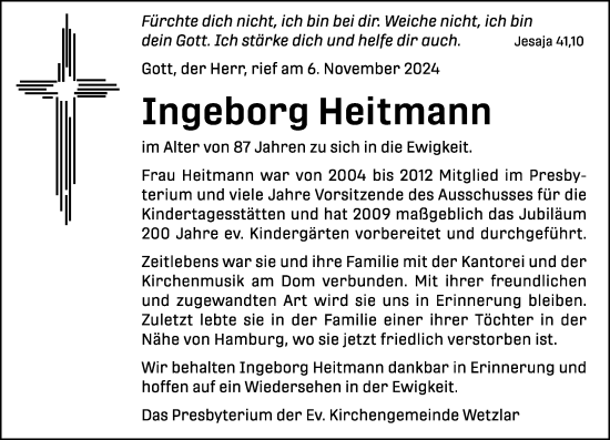 Traueranzeige von Ingeborg Heitmann von Wetzlarer Neue Zeitung