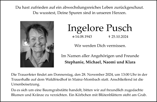 Traueranzeige von Ingelore Pusch von Allgemeine Zeitung Mainz