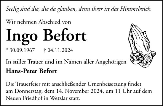 Traueranzeige von Ingo Befort von Wetzlarer Neue Zeitung
