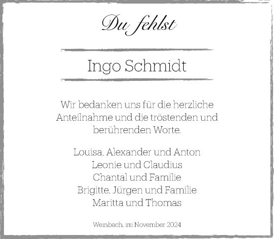 Traueranzeige von Ingo Schmidt von Weilburger Tageblatt