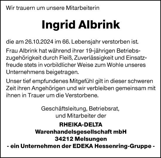Traueranzeige von Ingrid Albrink von Dill Block
