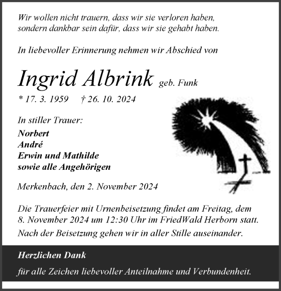 Traueranzeige von Ingrid Albrink von Dill Block