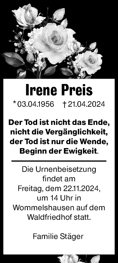 Traueranzeige von Irene Preis von Hinterländer Anzeiger