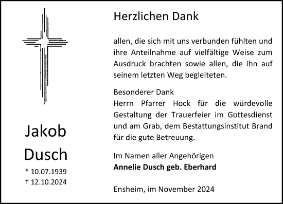 Traueranzeige von Jakob Dusch von Allgemeine Zeitung Alzey