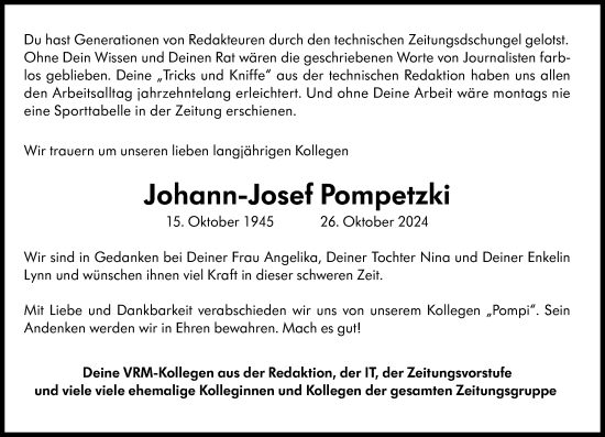 Traueranzeige von Johann-Josef Pompetzki von Allgemeine Zeitung Mainz