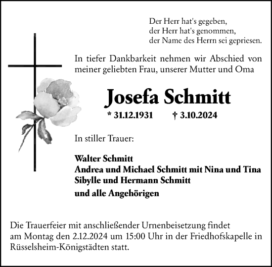 Traueranzeige von Josefa Schmitt von Rüsselsheimer Echo