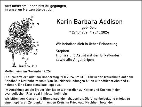 Traueranzeige von Karin Barbara Addison von Wormser Zeitung