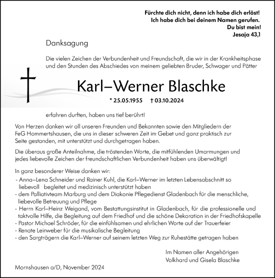 Traueranzeige von Karl-Werner Blaschke von Hinterländer Anzeiger