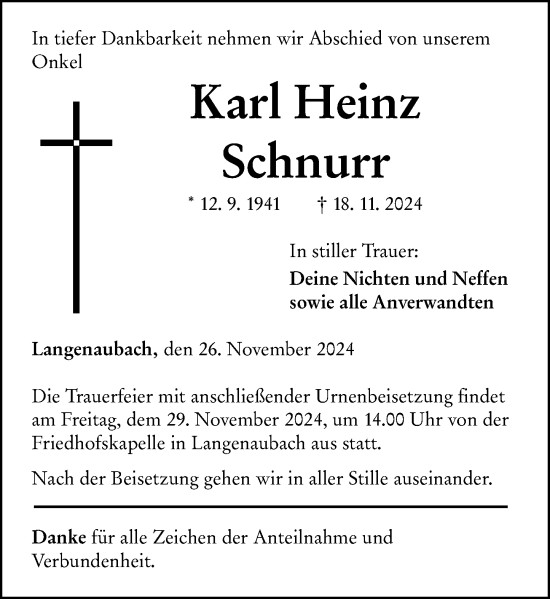 Traueranzeige von Karl Heinz Schnurr von Dill Block