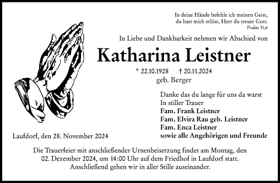 Traueranzeige von Katharina Leistner von Wetzlarer Neue Zeitung