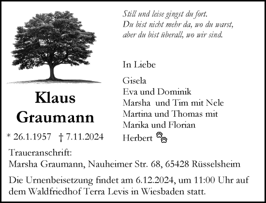 Traueranzeige von Klaus Graumann von Rüsselsheimer Echo