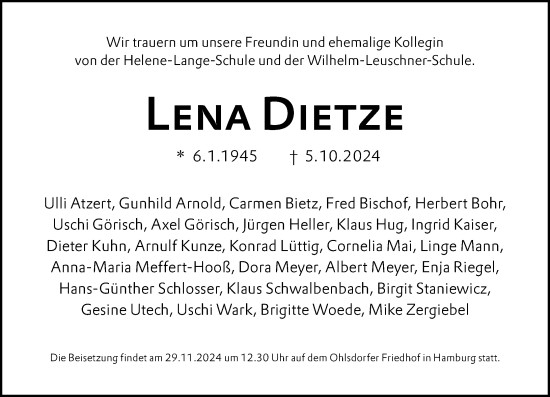 Traueranzeige von Lena Dietze von Wiesbadener Kurier