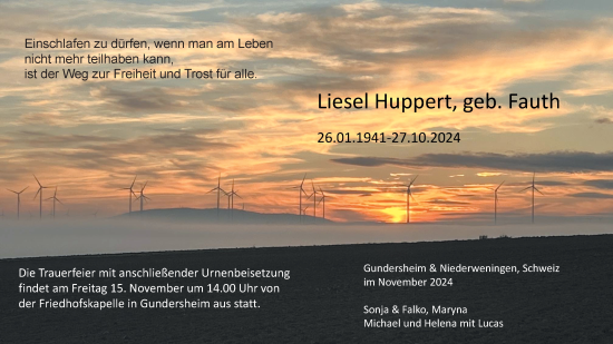 Traueranzeige von Liesel Huppert von Allgemeine Zeitung Alzey