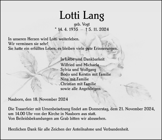 Traueranzeige von Lotti Lang von Wetzlarer Neue Zeitung