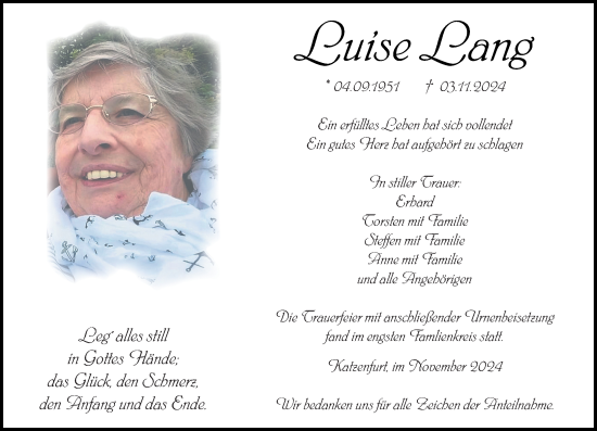Traueranzeige von Luise Lang von Wetzlarer Neue Zeitung
