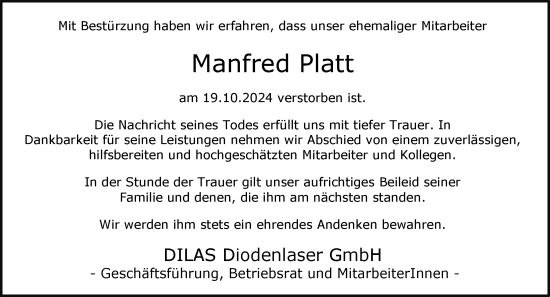Traueranzeige von Manfred Platt von Allgemeine Zeitung Mainz