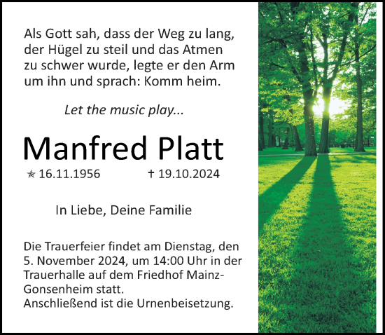 Traueranzeige von Manfred Platt von Allgemeine Zeitung Mainz