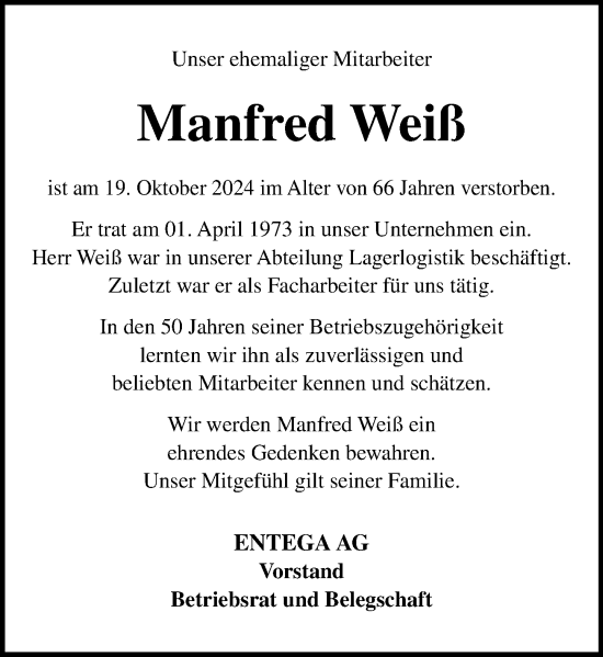 Traueranzeige von Manfred Weiß von Odenwälder Echo