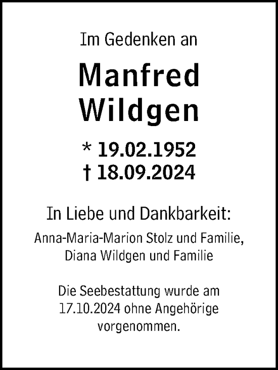 Traueranzeige von Manfred Wildgen von Allgemeine Zeitung Mainz