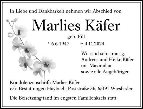 Traueranzeige von Marlies Käfer von Wiesbadener Kurier