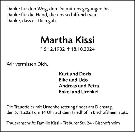 Traueranzeige von Martha Kissi von Rüsselsheimer Echo