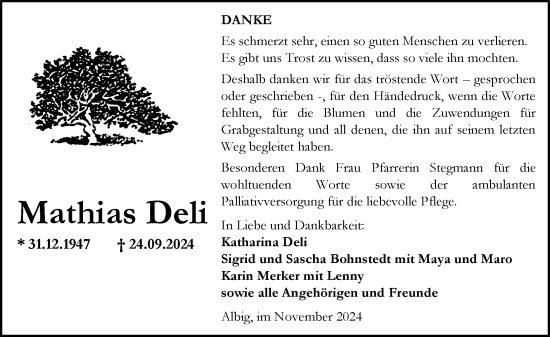 Traueranzeige von Mathias Deli von Allgemeine Zeitung Alzey