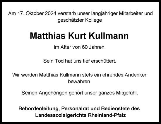 Traueranzeige von Matthias Kurt Kullmann von Allgemeine Zeitung Mainz