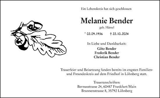 Traueranzeige von Melanie Bender von Wetzlarer Neue Zeitung