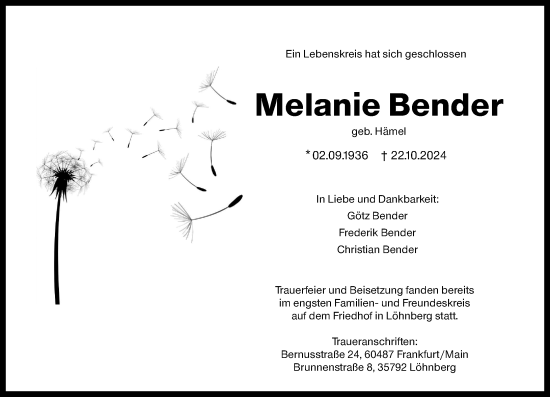 Traueranzeige von Melanie Bender von Weilburger Tageblatt