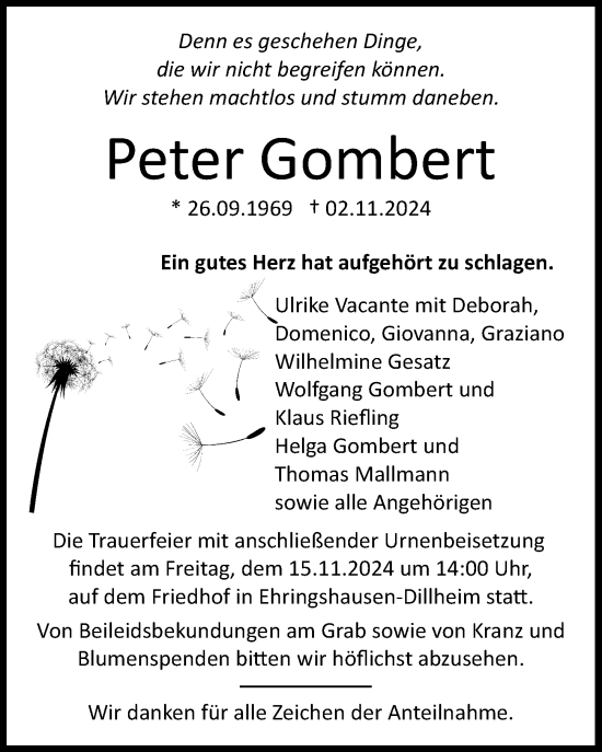 Traueranzeige von Peter Gombert von Wetzlarer Neue Zeitung