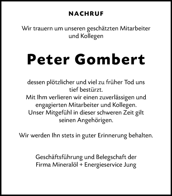 Traueranzeige von Peter Gombert von Hinterländer Anzeiger