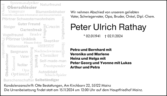 Traueranzeige von Peter Ulrich Rathay von Allgemeine Zeitung Rheinhessen-Nahe