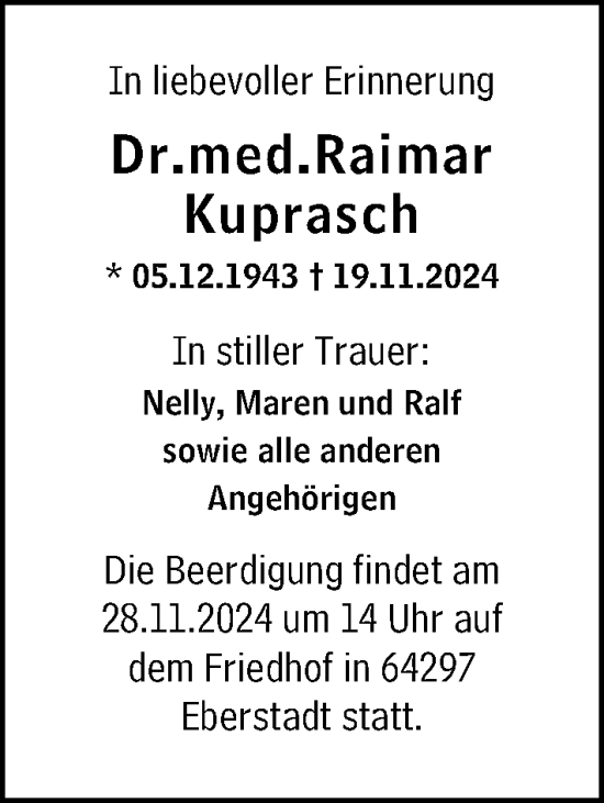 Traueranzeige von Raimar Kuprasch von Darmstädter Echo