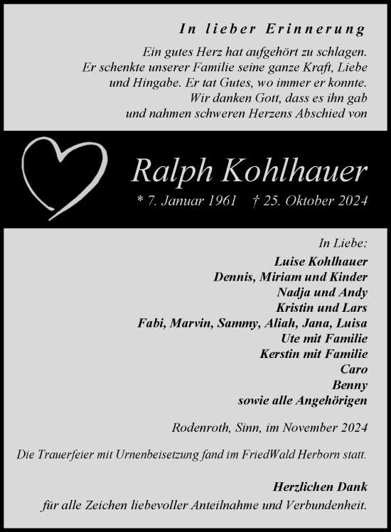 Traueranzeige von Ralph Kohlhauer von Dill Block