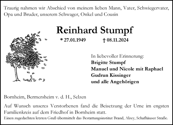 Traueranzeige von Reinhard Stumpf von Allgemeine Zeitung Alzey