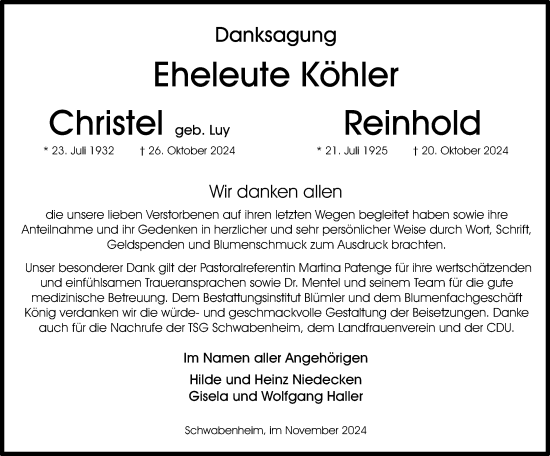 Traueranzeige von Reinhold Köhler von Allgemeine Zeitung Rheinhessen-Nahe