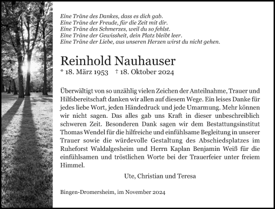Traueranzeige von Reinhold Nauhauser von Binger-/Ingelheimer Wochenblatt