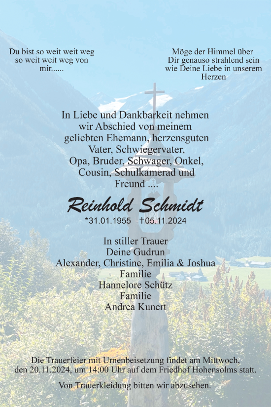 Traueranzeige von Reinhold Schmidt von Wetzlarer Neue Zeitung