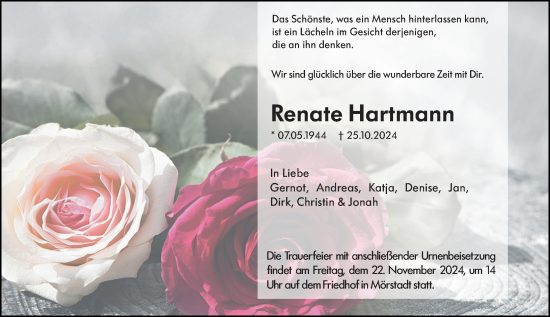 Traueranzeige von Renate Hartmann von Wormser Zeitung