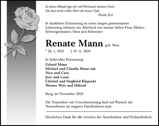 Traueranzeige von Renate Mann von Dill Block