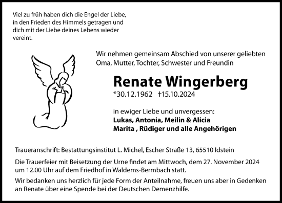 Traueranzeige von Renate Wingerberg von Camberger Anzeiger