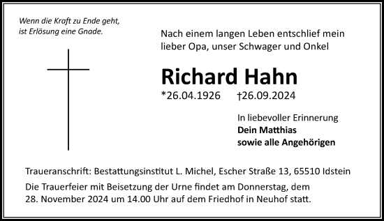 Traueranzeige von Richard Hahn von Wiesbadener Kurier