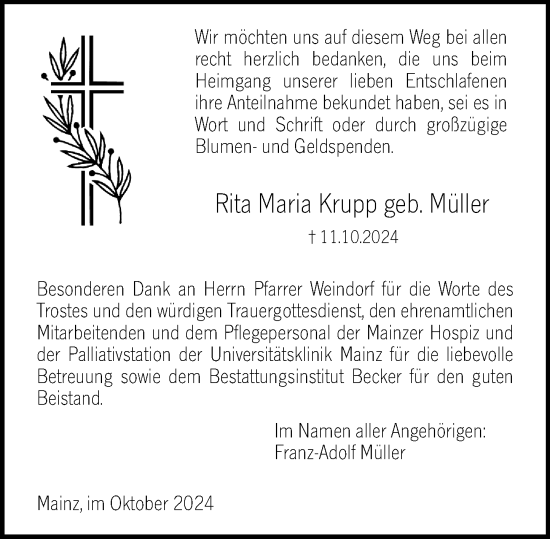 Traueranzeige von Rita Maria Krupp von Allgemeine Zeitung Mainz