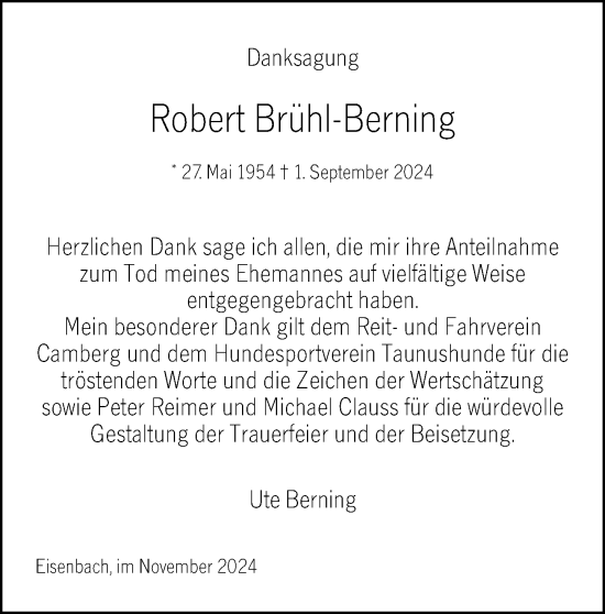 Traueranzeige von Robert Brühl-Berning von Camberger Anzeiger