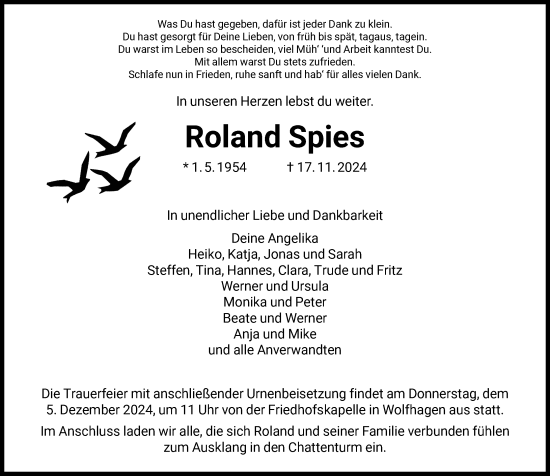 Traueranzeige von Roland Spies von Hinterländer Anzeiger
