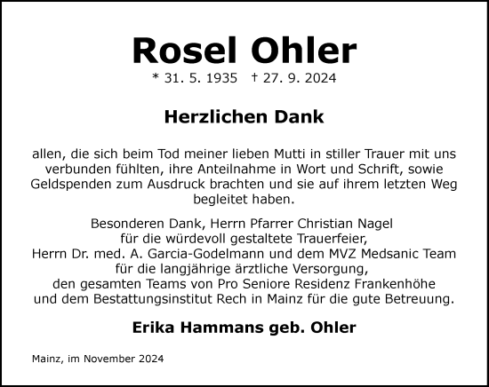 Traueranzeige von Rosel Ohler von Allgemeine Zeitung Mainz