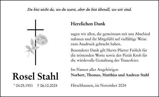Traueranzeige von Rosel Stahl von Weilburger Tageblatt